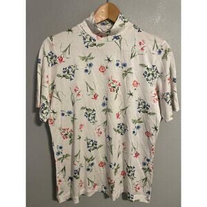 WinterSilks T Shirt Womens Large Silk Multicolor Floral Mock Neck Short Sleeve